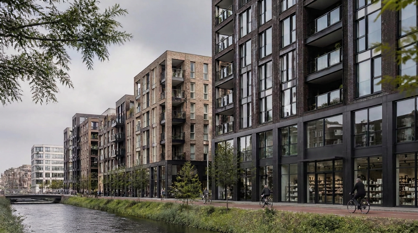Nieuwbouwontwikkeling met woningen en winkelruimtes aan het water in de Randstad